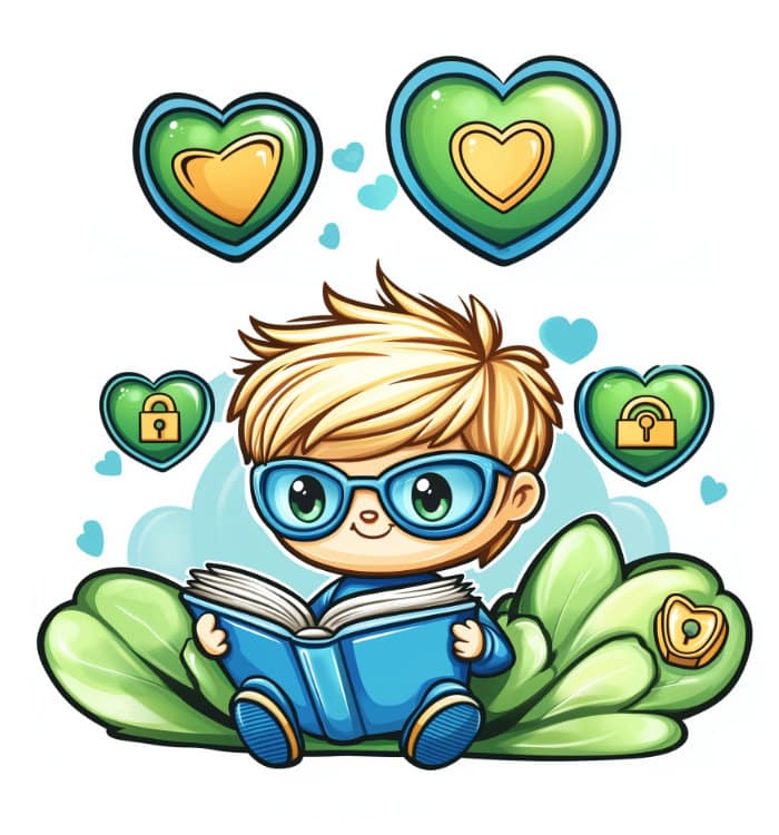 Potenzialheld-Maskottchen mit Buch und Sicherheitssymbolen – Datenschutz & Vertrauen im Coaching