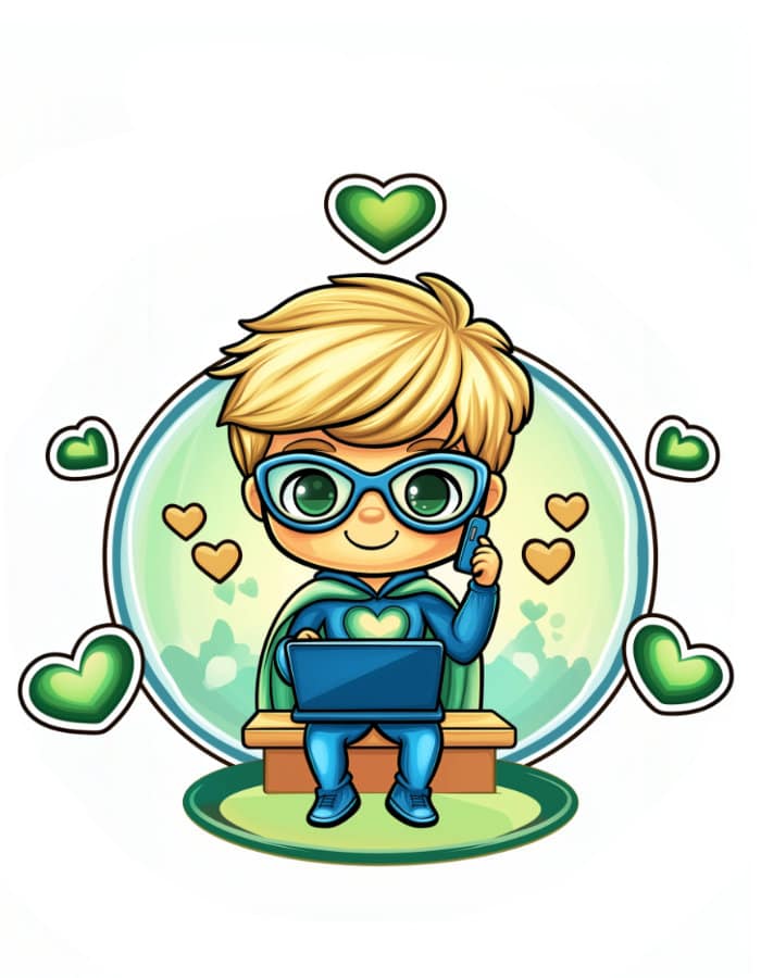 Potenzialheld vor einem Laptop mit Handy - Coaching für Kinder und Jugendliche